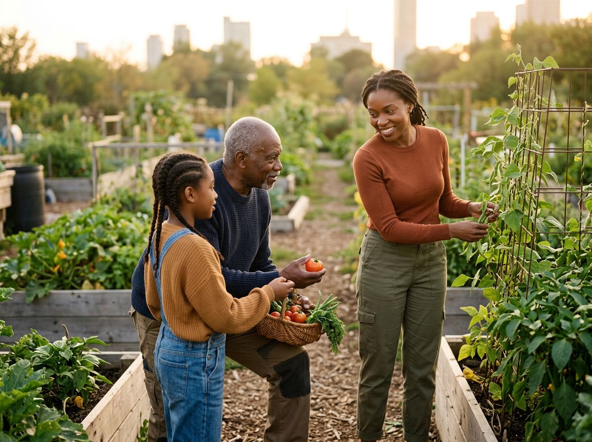 An older man, a young girl, and a woman harvesting vegetables together in a Toronto community garden